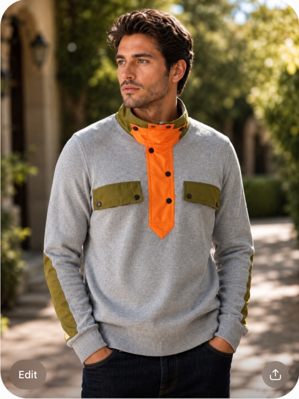 Akira Mens Mock Cargo Sweater Gray Neon Zip Collar Patch Elbows size L Gorpcore